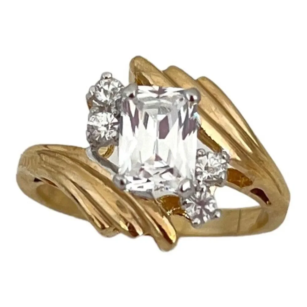 Vintage 1970s Ring Size 7 CZ Emerald Cut Solitaire Bypass Gold Plated - 14R